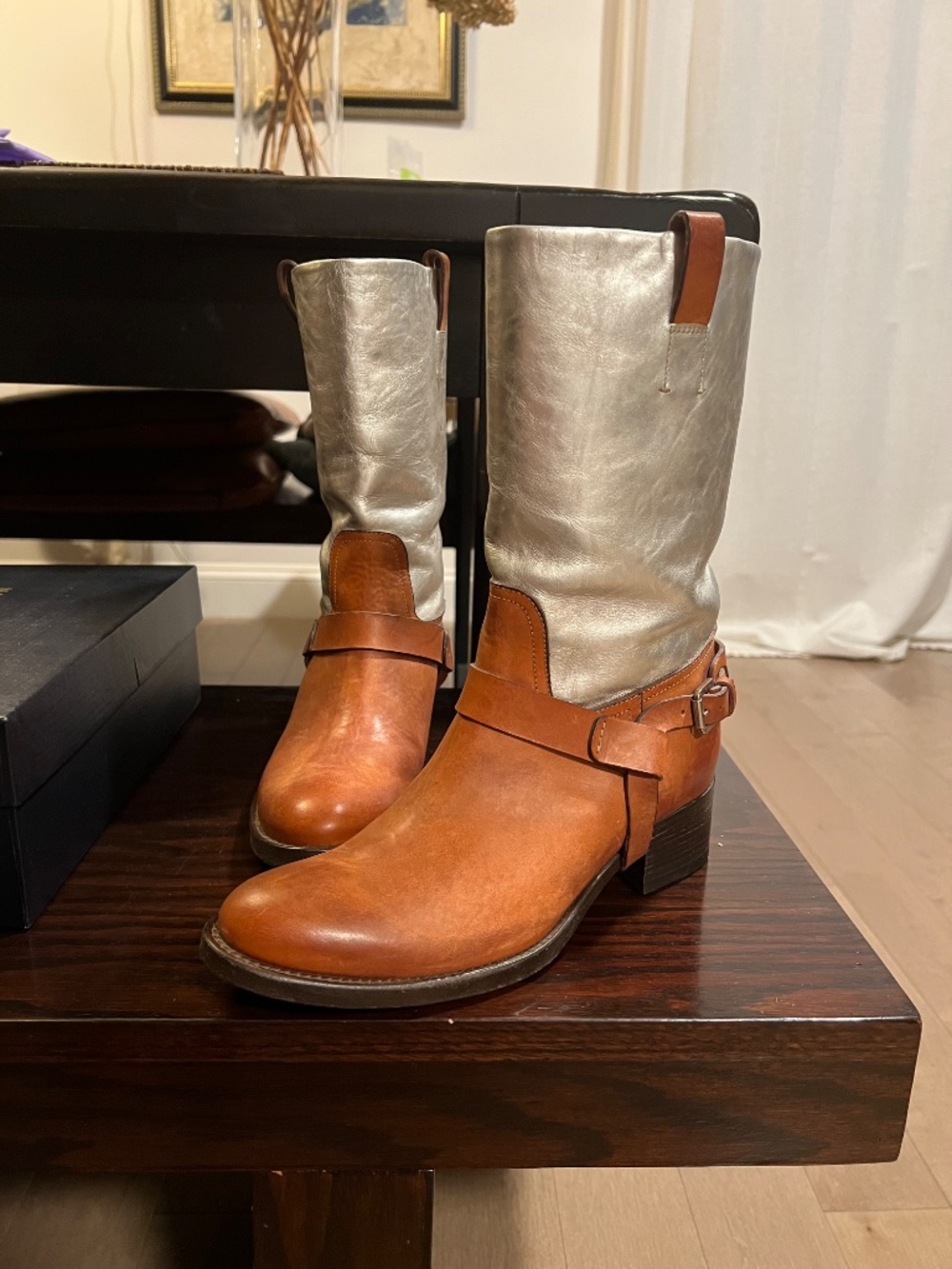 NEW Ralph Lauren Purple Label Silver and Ten Leather Boots Sz. 8 1/2